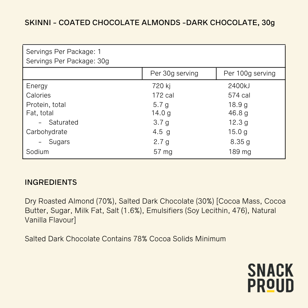 Snack Proud - Skinni - Coated Almonds , Dark Chocolate, 30g - 10Pack