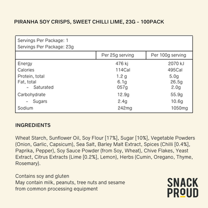 Piranha Soy Crisps, Sweet Chilli Lime, 23g - 100Pack